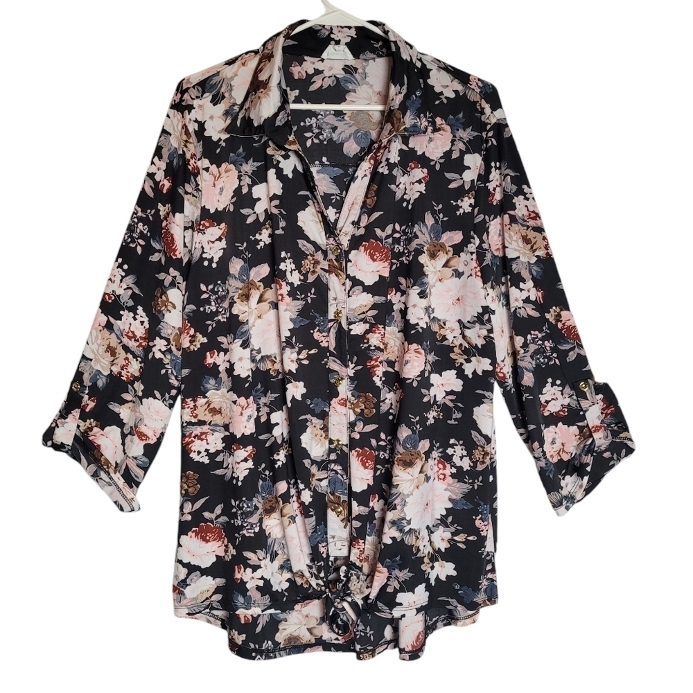 Siren Lily Women's Dark Floral Button Up Tie Waist 3/4 Sleeve Blouse Size 3X